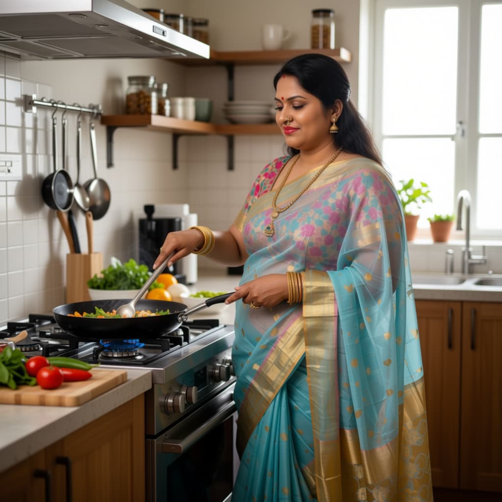 AI generated: indian aunt with curvy body cooking in kitchen. she is wearing saree that's a bit transparent
