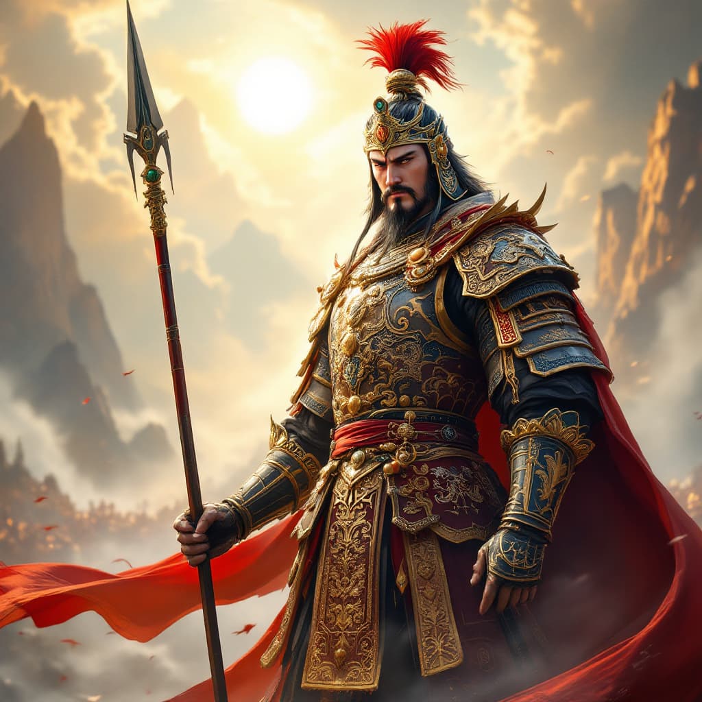 AI generated: A heroic Chinese ancient general standing in full armor, designed with intricate gold and silver det...
