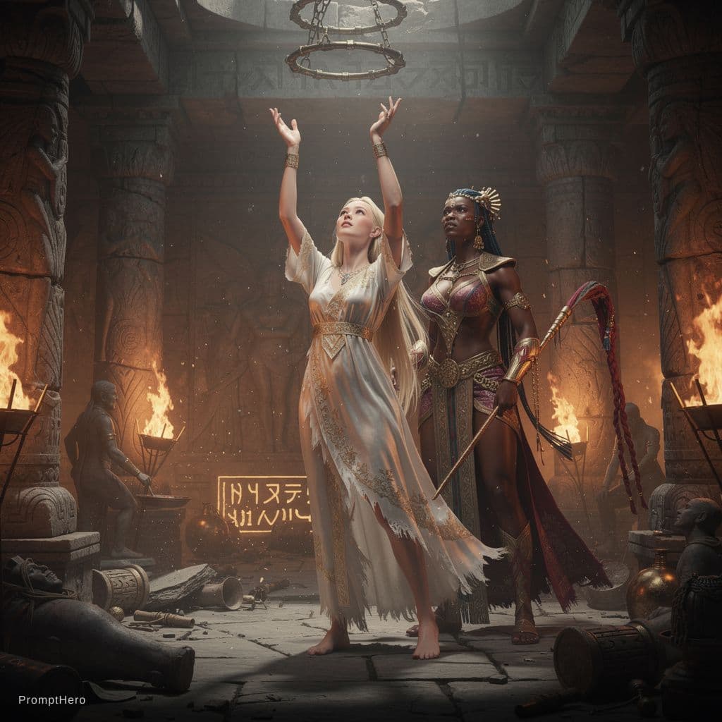 AI generated: Realistic fantasy style, dimly lit ancient stone chamber in a decadent lost city, torchlight flicker...