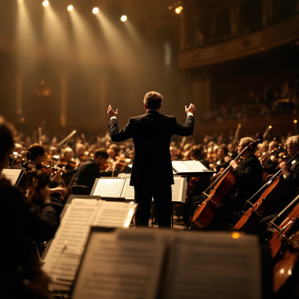 AI generated: A highly detailed cinematic shot capturing an orchestra from the knees up, set in a grand symphony h...