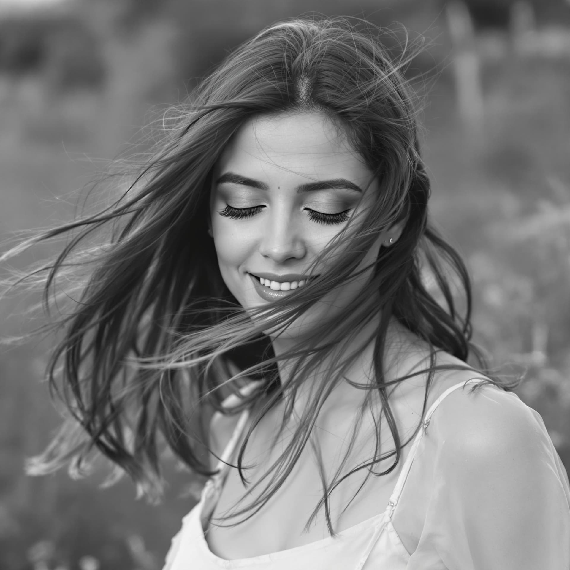 AI generated: Monochromatic outdoor portrait of a woman, eyes closed, flowing hair, light dress, serene expression...