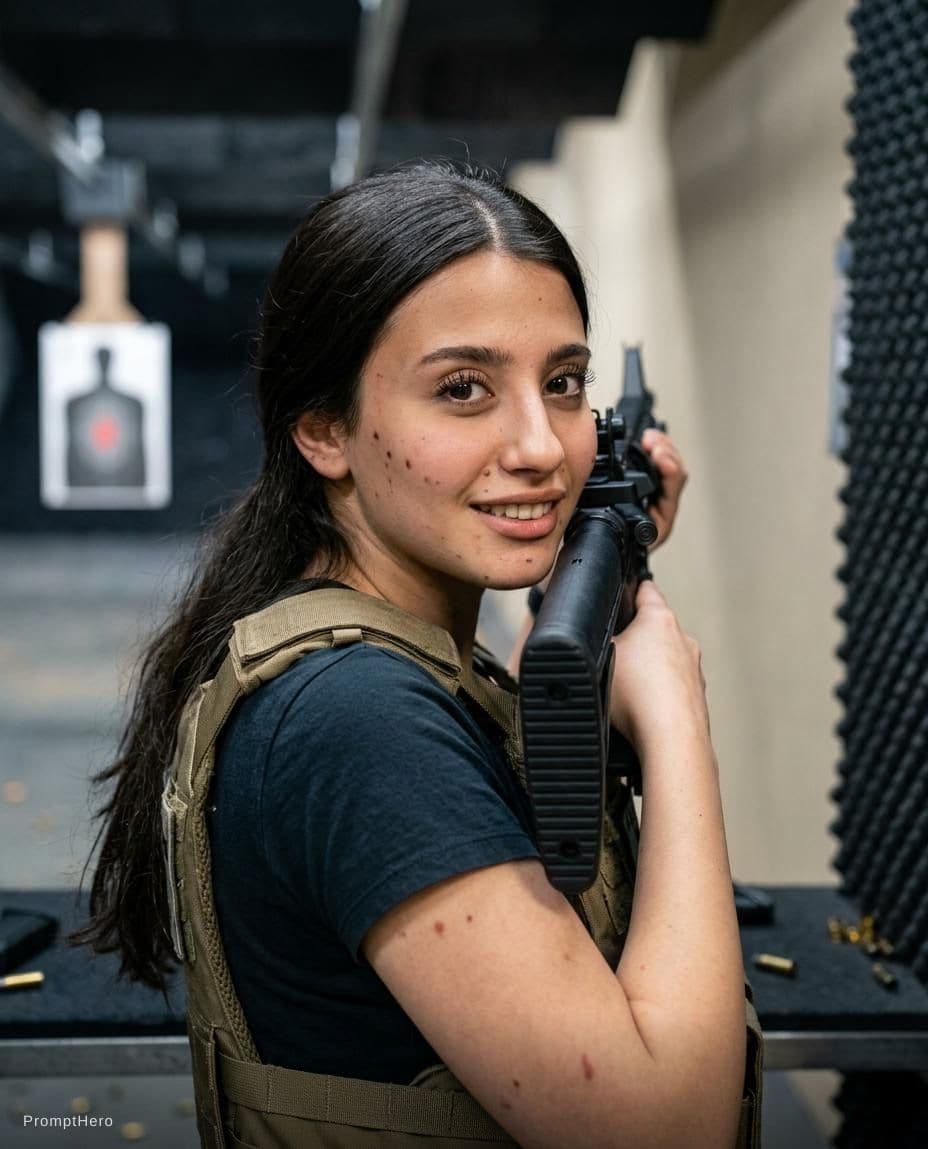 AI generated: A cinematic portrait of a confident young woman at a shooting range, side profile view, looking towa...