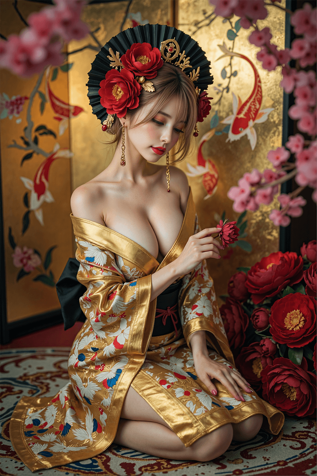 AI generated: This is a lavishly styled, high-detail studio photograph that portrays an East Asian woman in an opu...