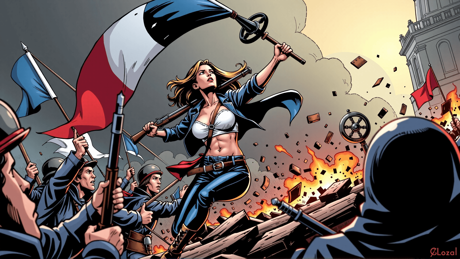 AI generated: A dynamic illustration in a graphic novel style. A heroic female figure (Marianne), with a partially...