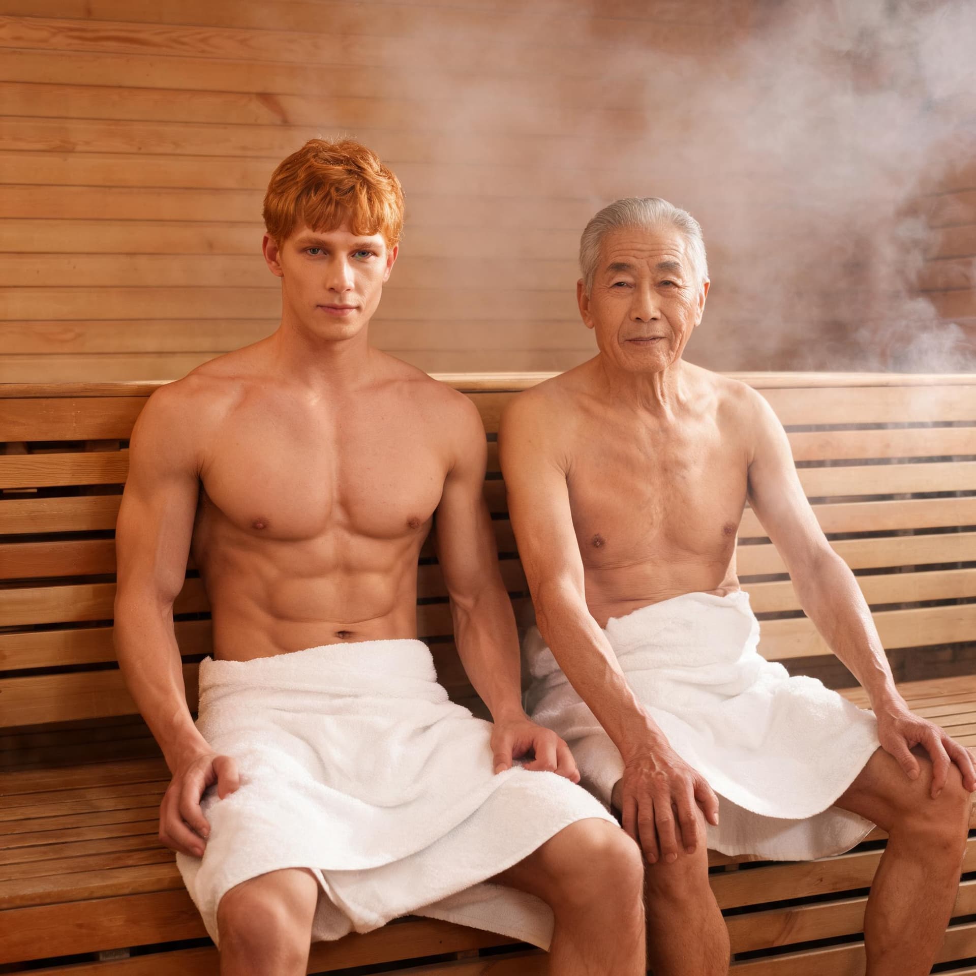 AI generated: high-resolution photo, muscular male with reddish blonde hair, seated in sauna, elderly man wearing ...