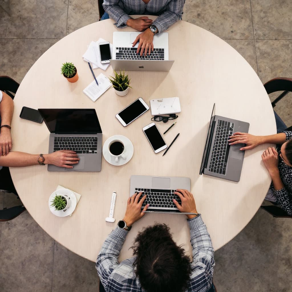 AI generated: people sitting down near table with assorted laptop computers