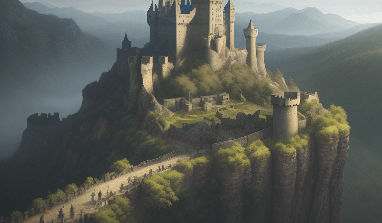 AI generated: in the style of WLOP, a valley, forests, mountains, castle ruins, medieval, fantasy, masterpiece, co...