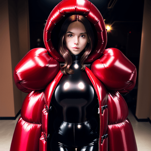 AI generated: an european woman with brown hair in a very puffy shiny red down-filled coat with a tight very puffy...