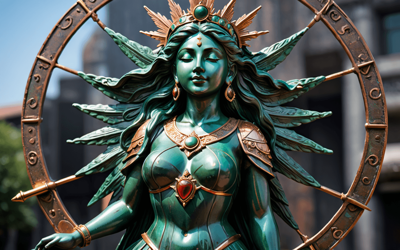 AI generated: copper sun princess statue,(deep green patina:1.3), realism, realistic ,one full body, intricate det...