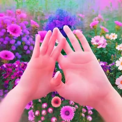 AI generated video: Peace and love sign , lots of flowers, floating, surrealist midjourney style 