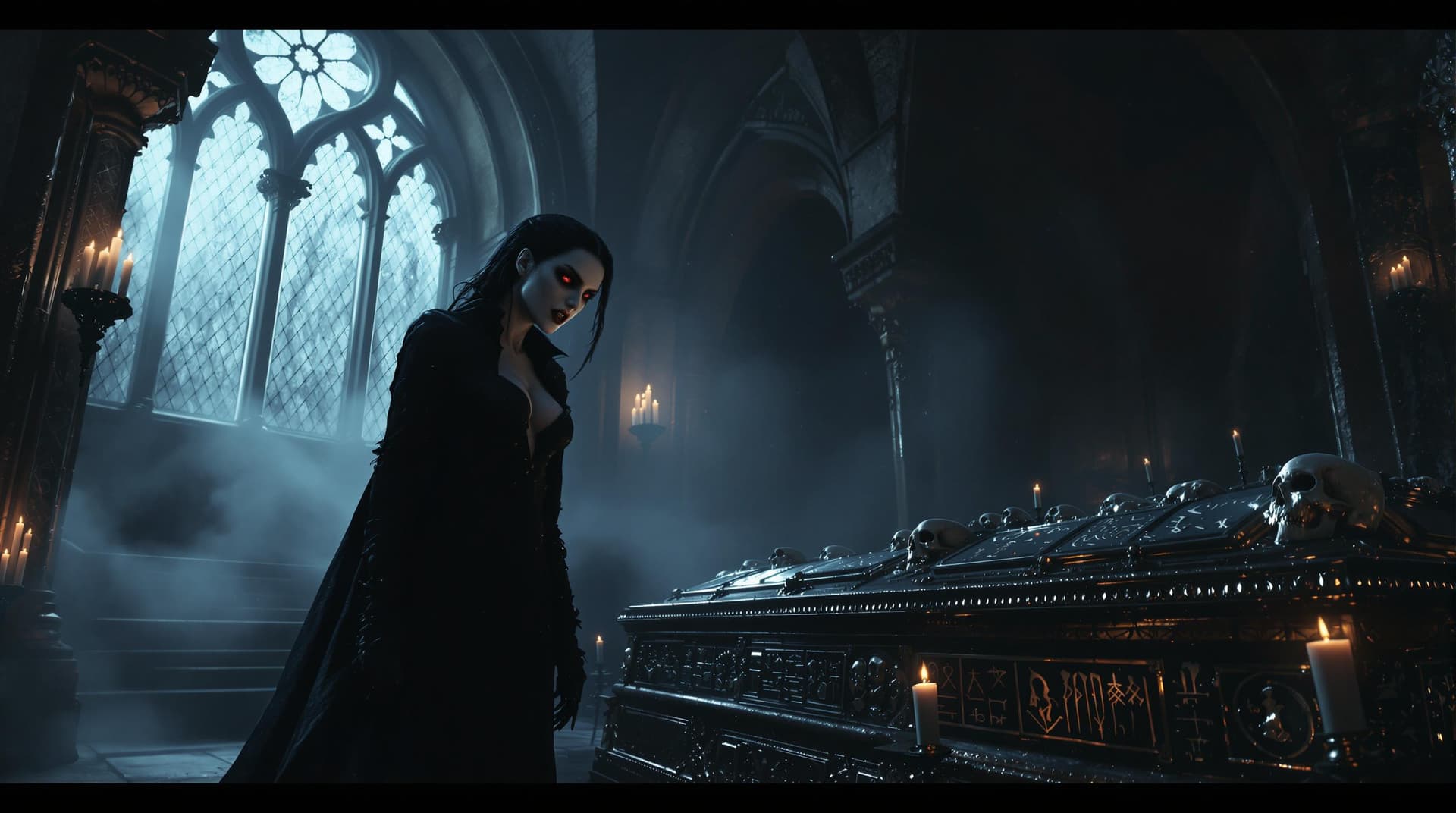 AI generated: A pale female vampire with fangs stands in a haunting crypt, eyes fixed on a sarcophagus adorned wit...