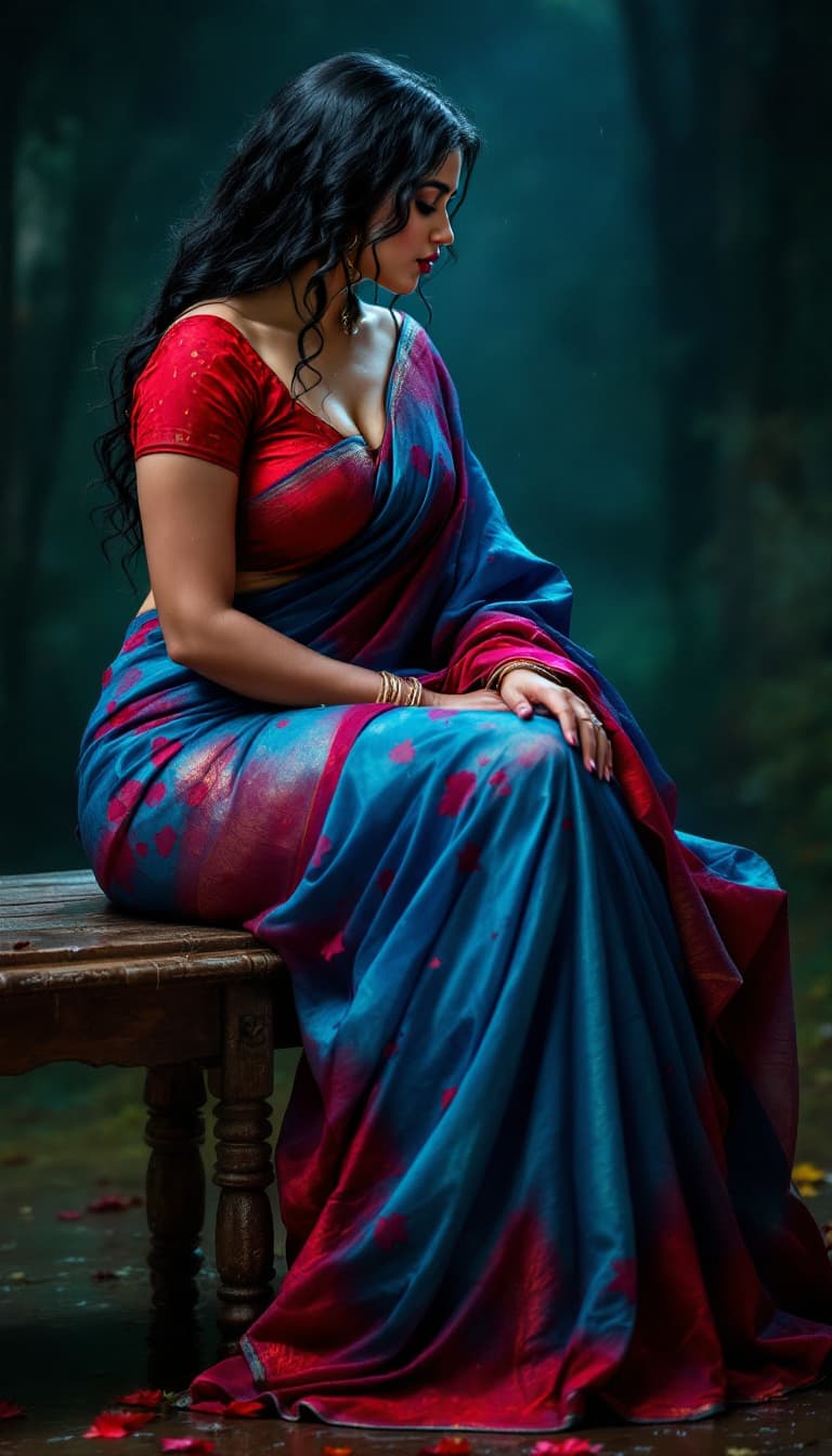 AI generated: Indian red bluish wet half saree teacher, bend sitting on edge of bench, 1:2 cleavage, curvy body, g...