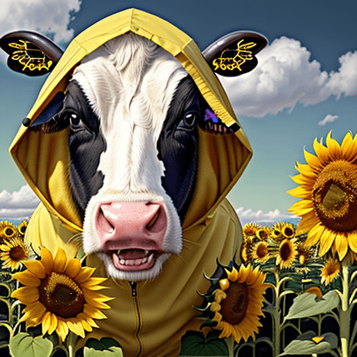 AI generated: a happy cow wearing a bumble bee costume with the hood on in a sunflower field, in the style of illu...
