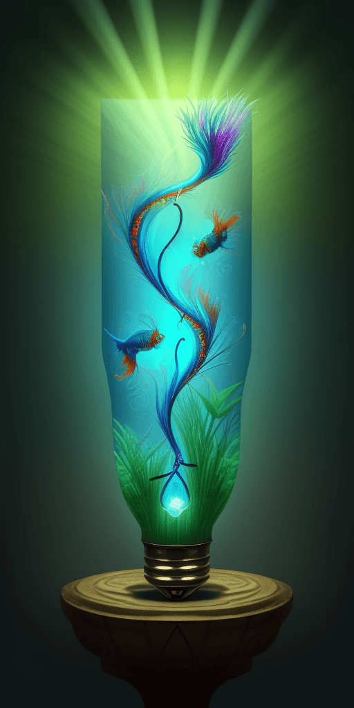 AI generated: (16k 4d rfktrstyle A delicate light bulb with Siamese fighting fish swimming inside it), druidic nat...