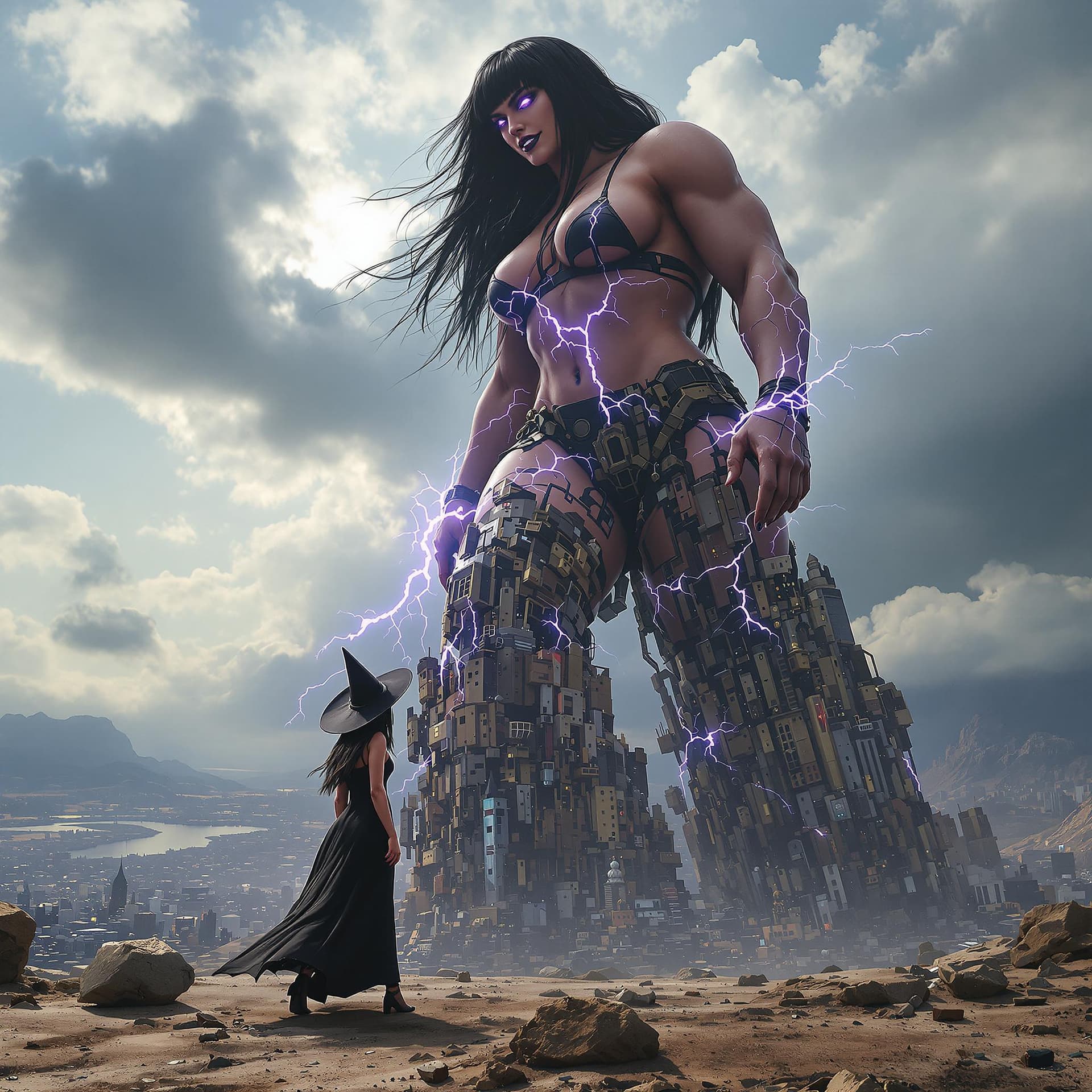 AI generated: enormous giantess female Rhea Ripley from WWE with black medium length hair and straight bangs, bigg...