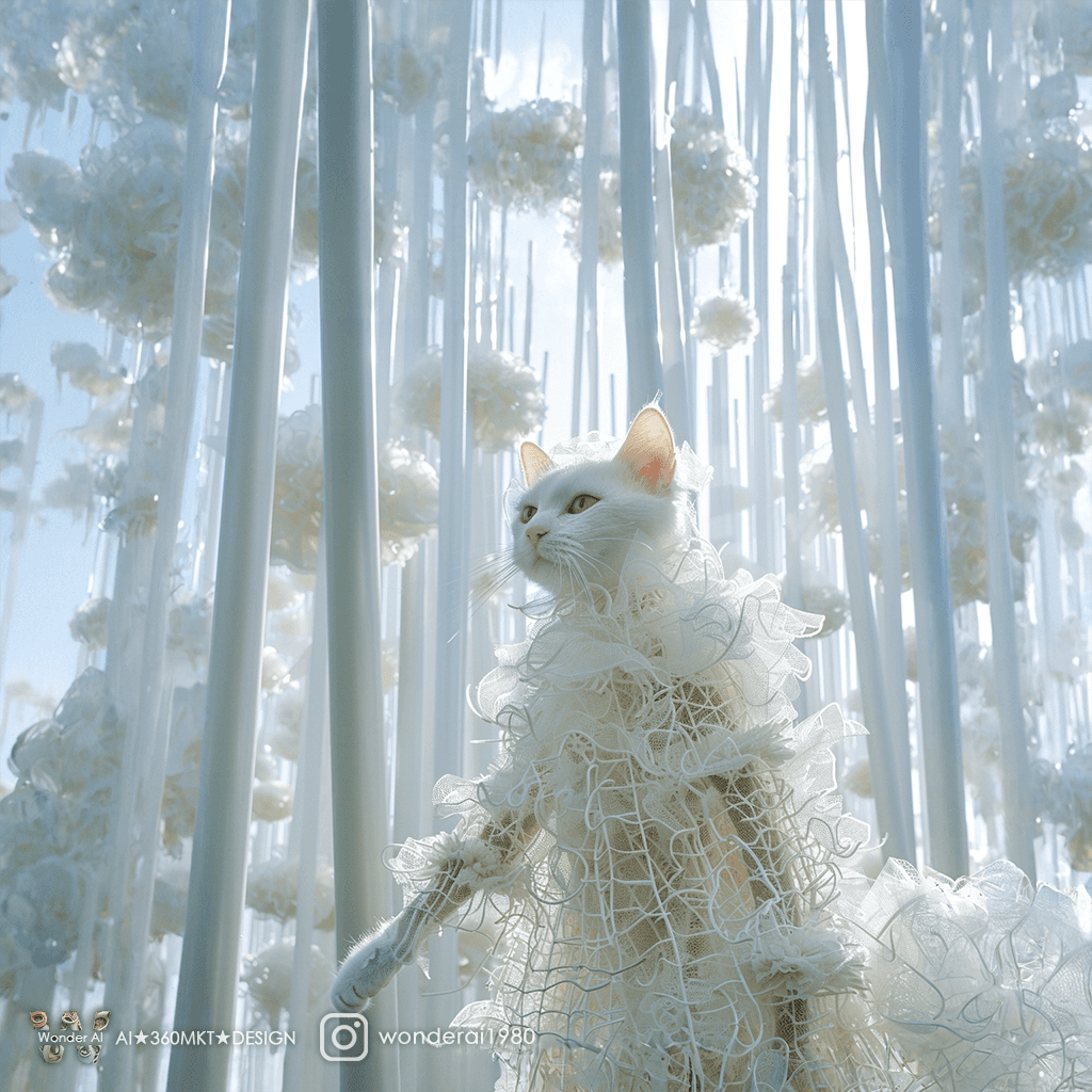 AI generated: anthropomorphic real adorable cat, dressed in fashionable clothes, walks into a fantastical architec...