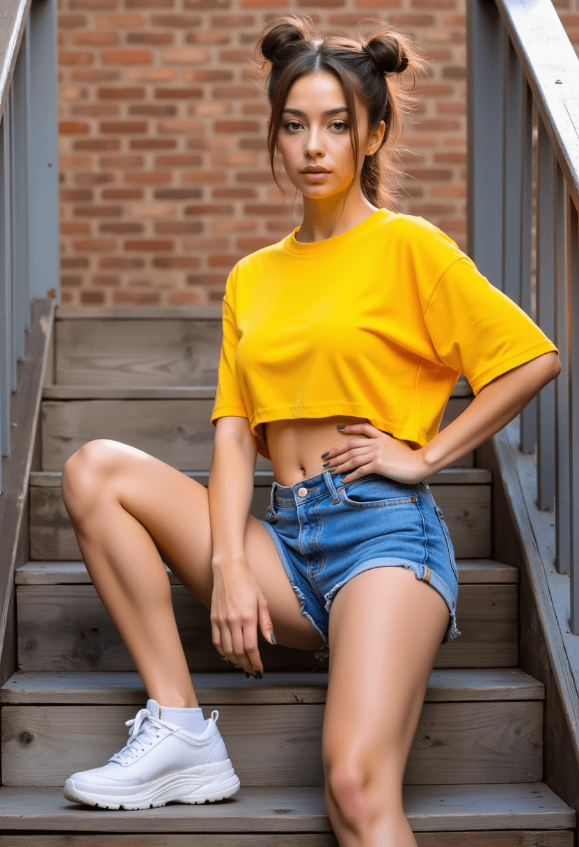 AI generated: A woman is captured in a moment of casual elegance. She sits confidently on a set of wooden stairs, ...
