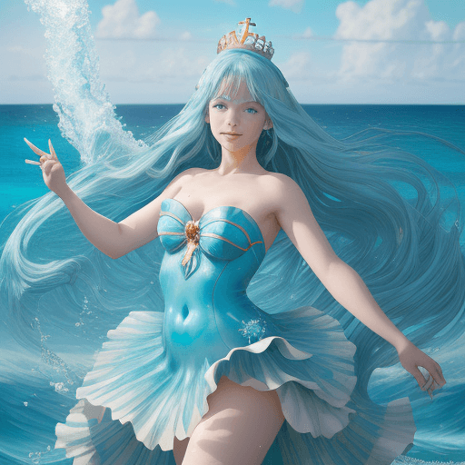 AI generated: A playful anime dancer from the sparkling ocean with a seashell crown and a dolphin hairpin at noon ...