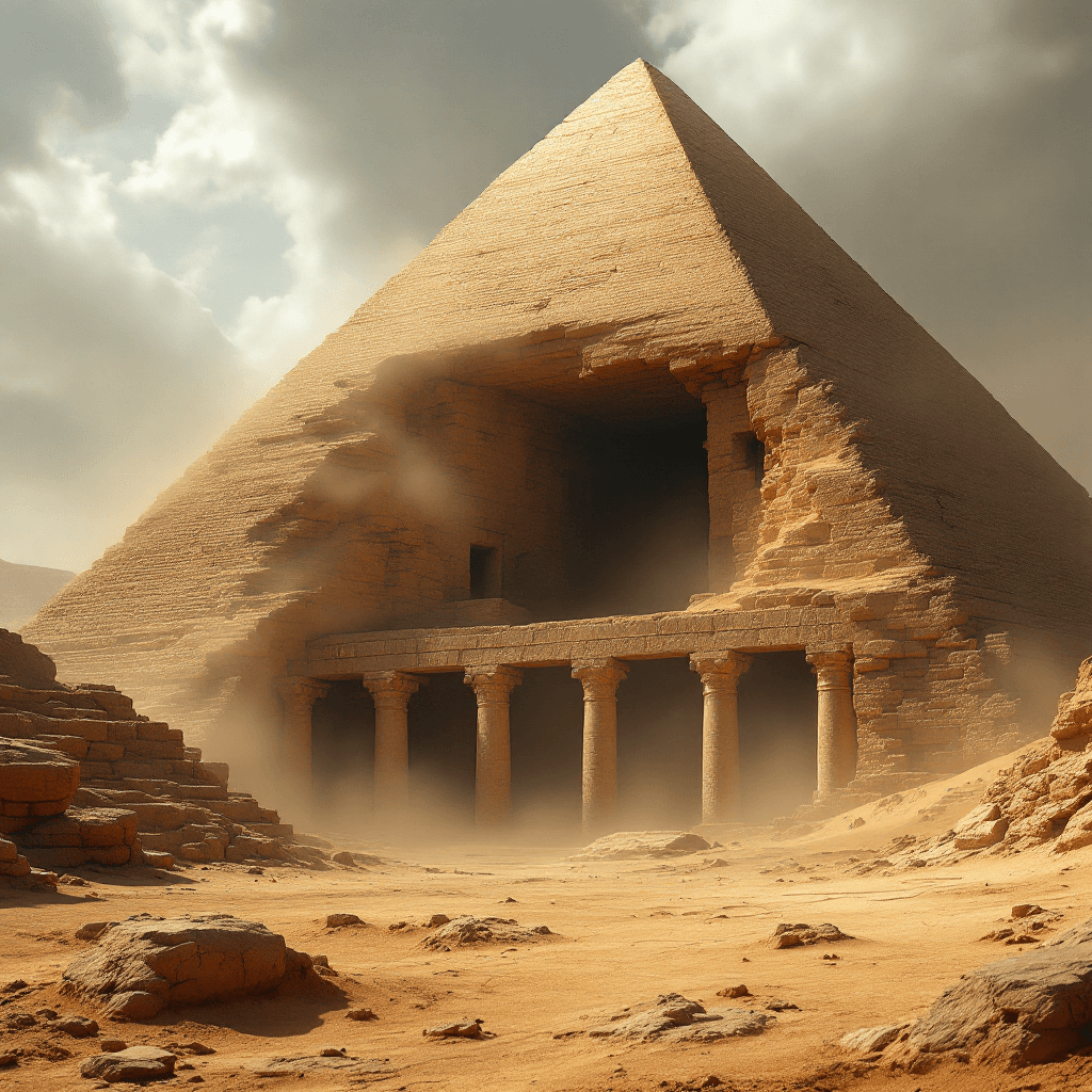 AI generated: A breathtaking, hyper-realistic depiction of an ancient pyramid partially excavated in the desert. T...