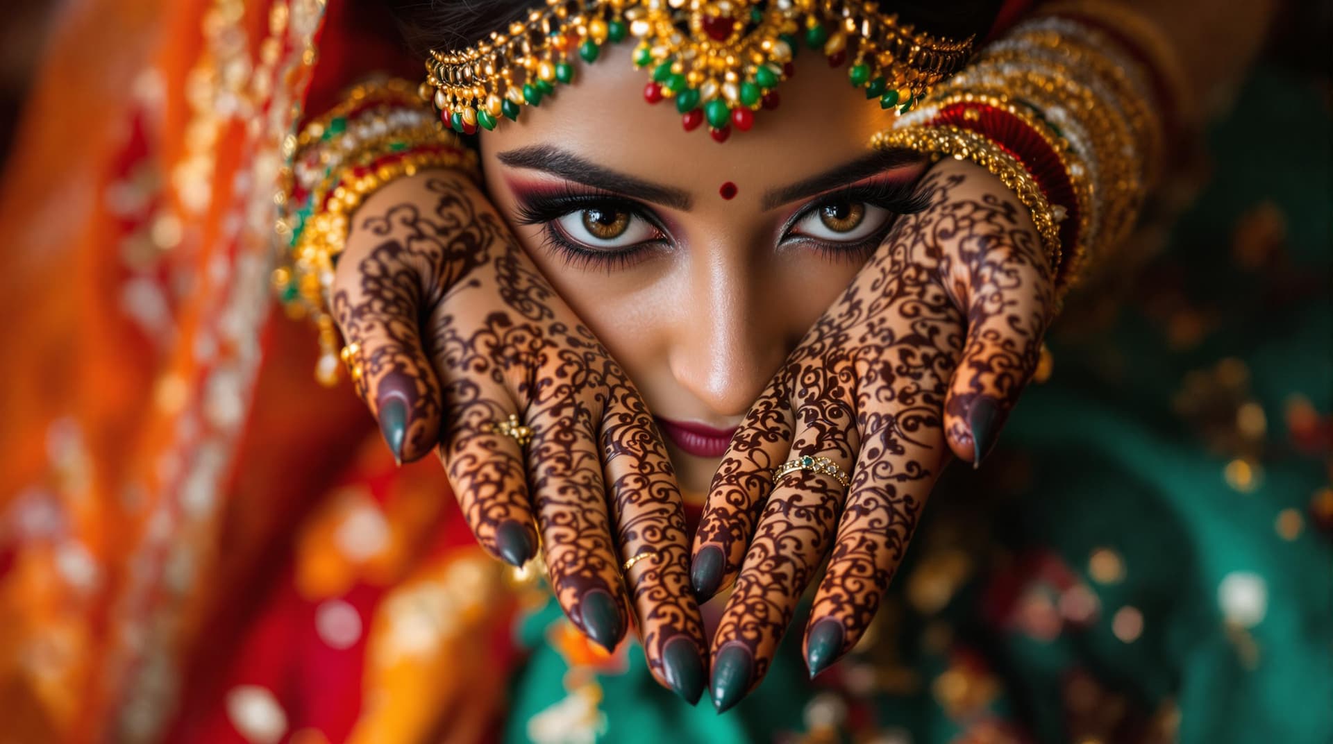 AI generated: a beautiful Indian bride in traditional wear with henna covering her hands, in the style of light re...