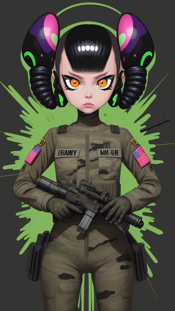 AI generated: in a army funky background portrait of little (alien woman)1.1, wearing (army attire):1. 1, with a (...