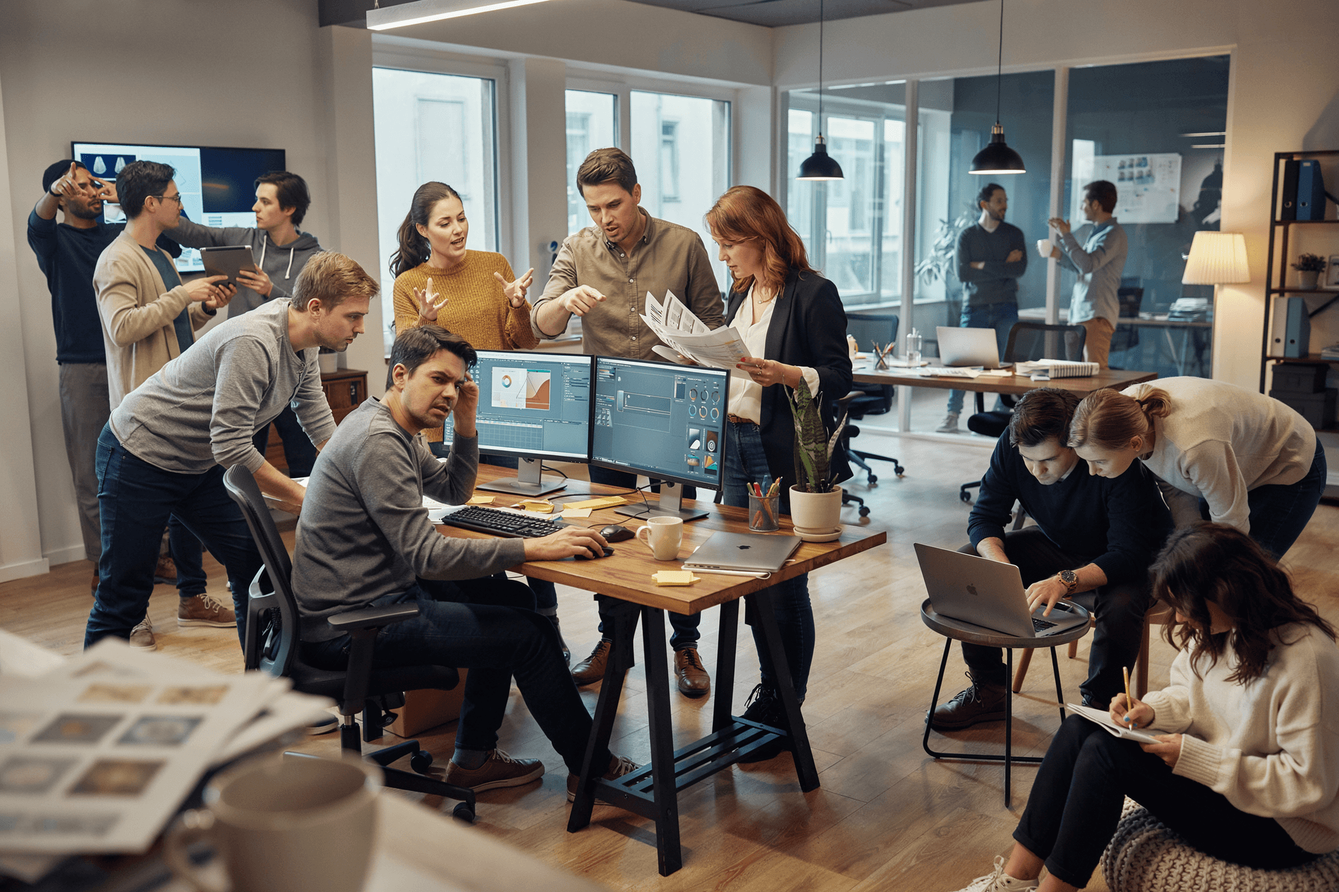 AI generated: A hyper-realistic modern creative agency office during a deadline. One experienced designer sits at ...