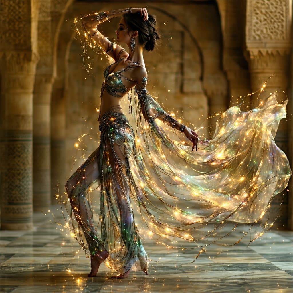 AI generated: a full-body view of a belly dancer woman depicted in the style of a 19th-century oil painting master...