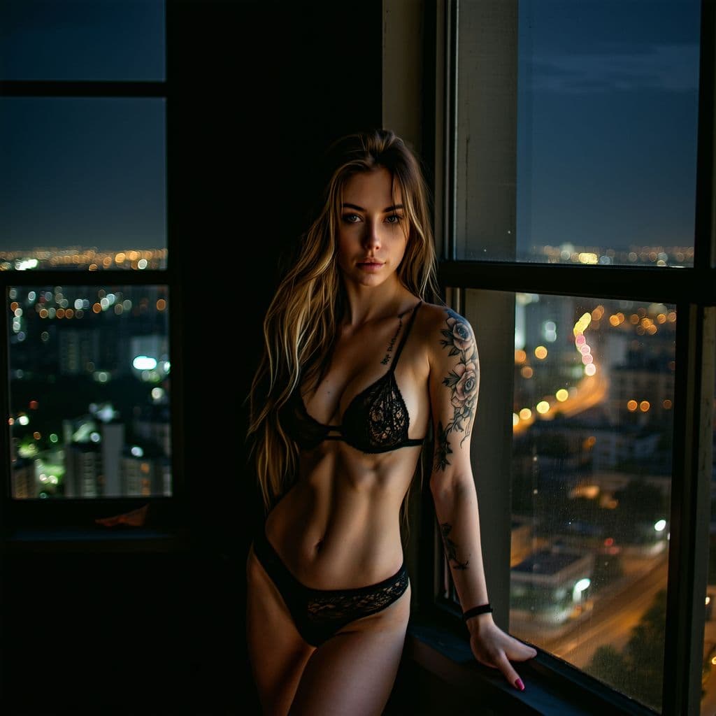 AI generated: A moody and intimate boudoir portrait of a woman standing by a large window at night. She wears a ma...