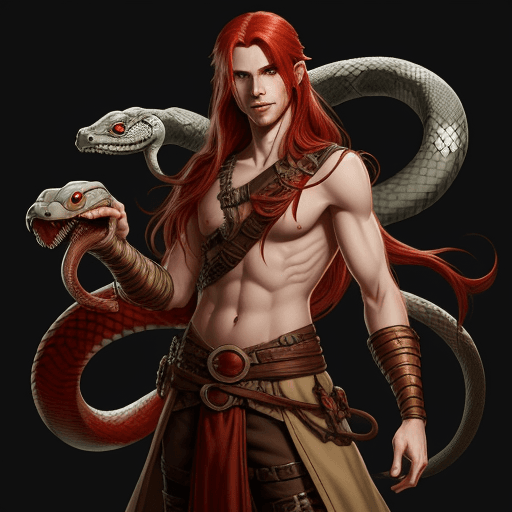 AI generated: 
dungeons and dragons, dnd character art, pale, red hair, snake-like, snakes, male, skinny, long hai...