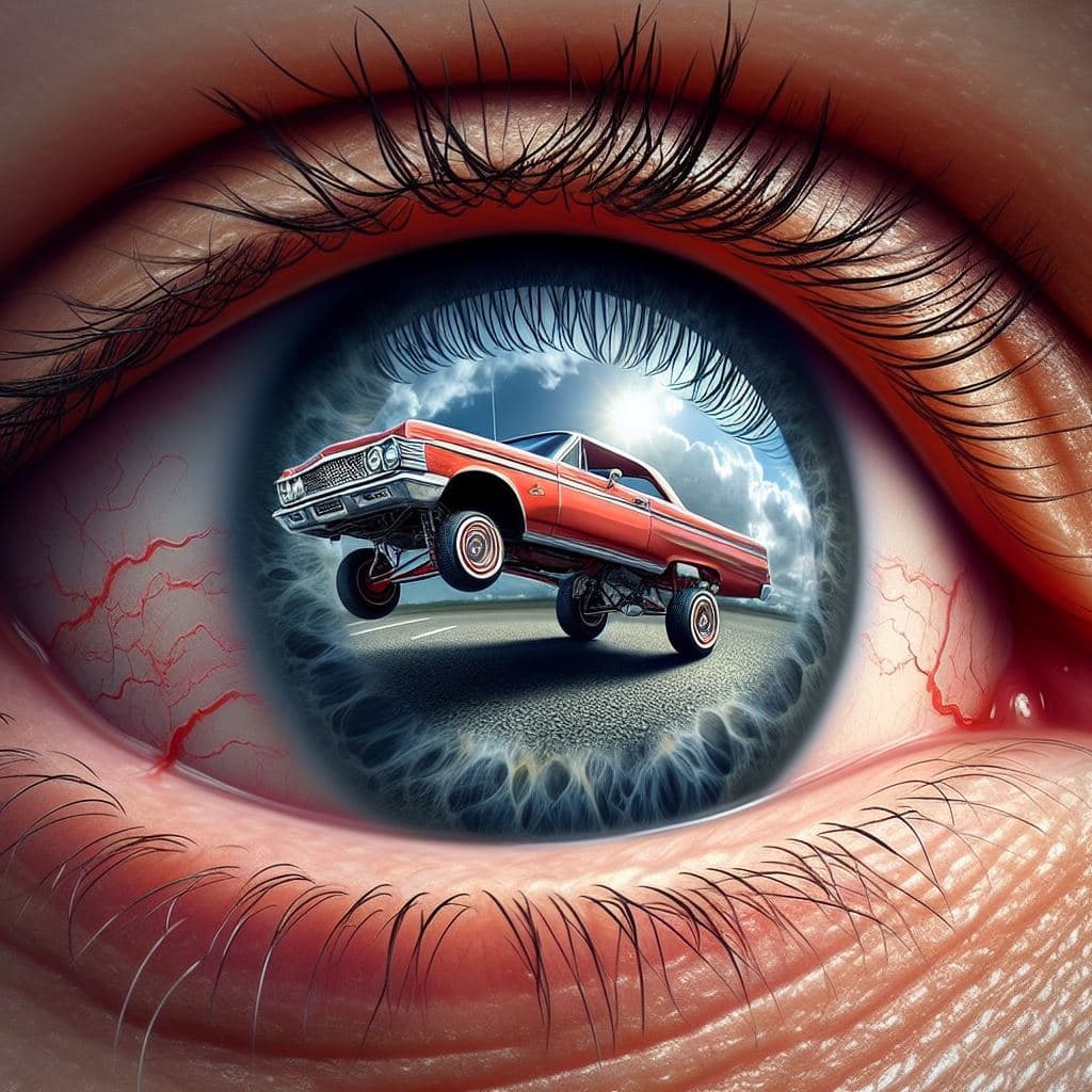 AI generated: "An eyeball is showcasing a reflection of a lowrider bouncing with its hydraulics activated, clear b...
