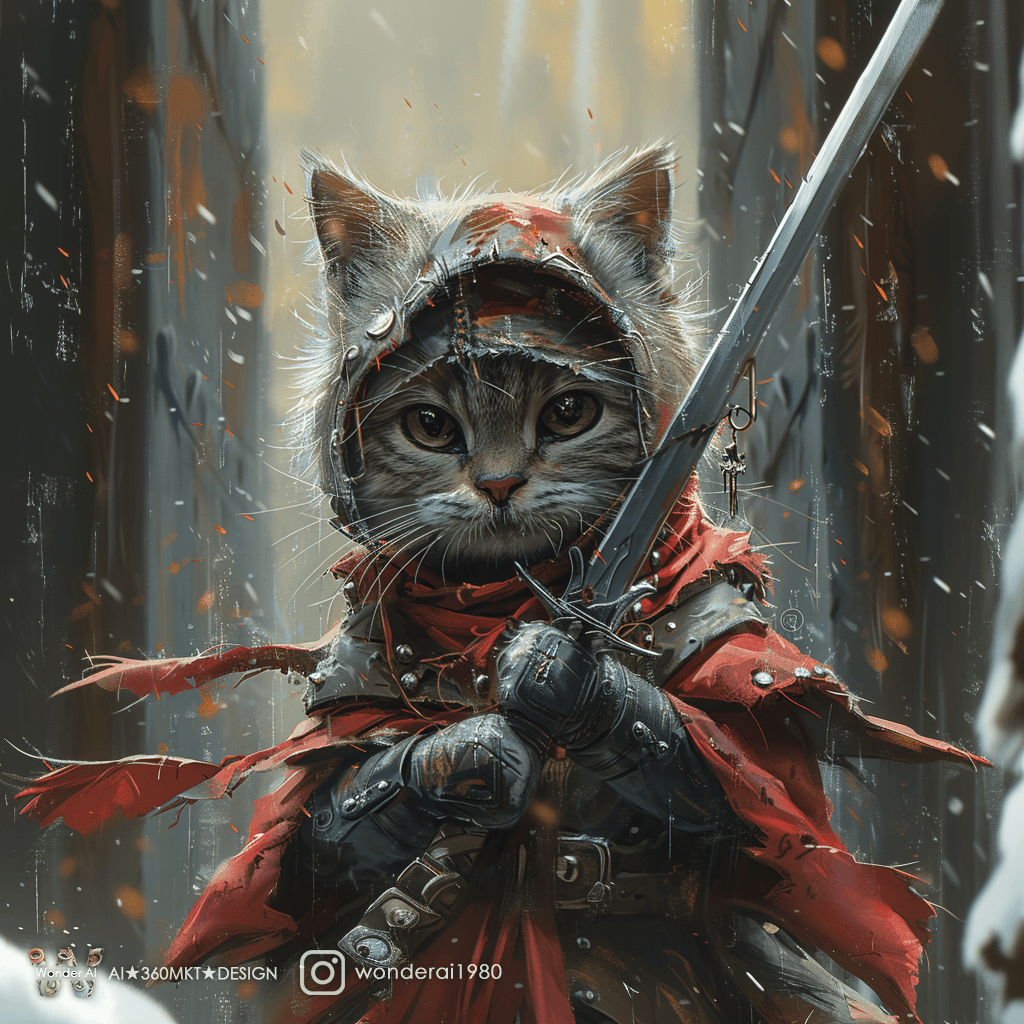 AI generated: fantasy illustration of a cat holding a sword, in the style of krenz cushart, utilitarian, skottie y...