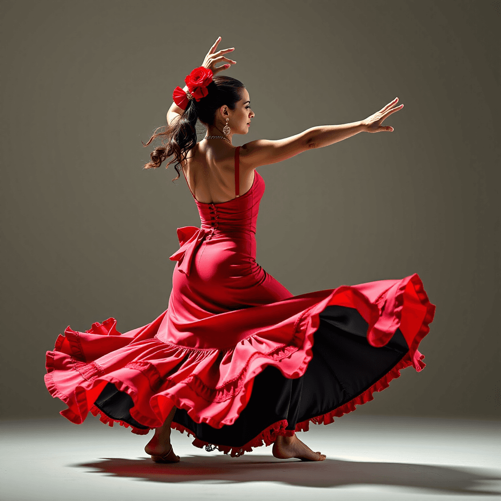 AI generated: A dynamic action shot of a flamenco dancer, her red dress swirling, captured in motion <lora:Challen...