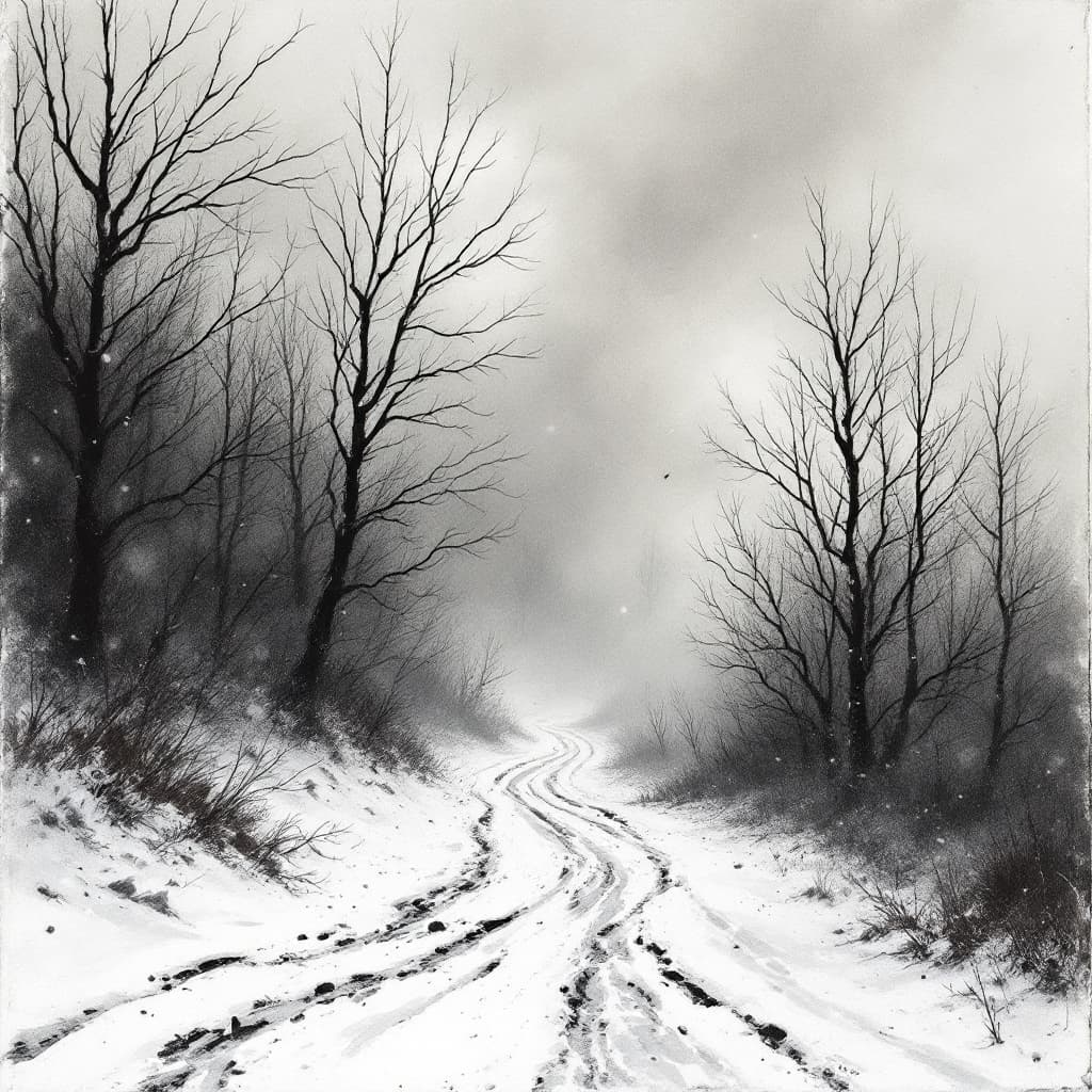 AI generated: a wet ink, charcoal sketch illustration of chilly wind howling in winter, howl, wind motion, trees, ...