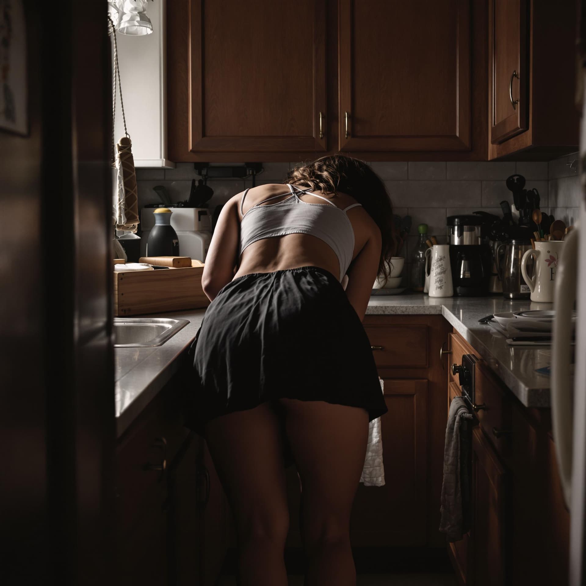 AI generated: mother in kitchen, bending over, short skirt, backside visible