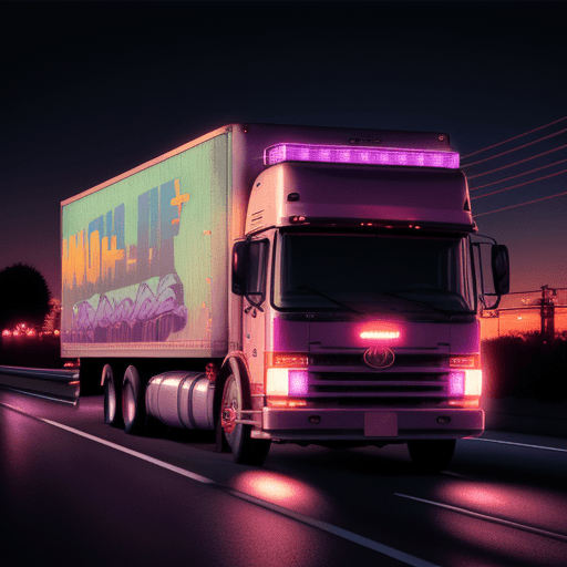 AI generated: lofi hiphop vaporwave late night highway vibe photoreal intricate detail truck
