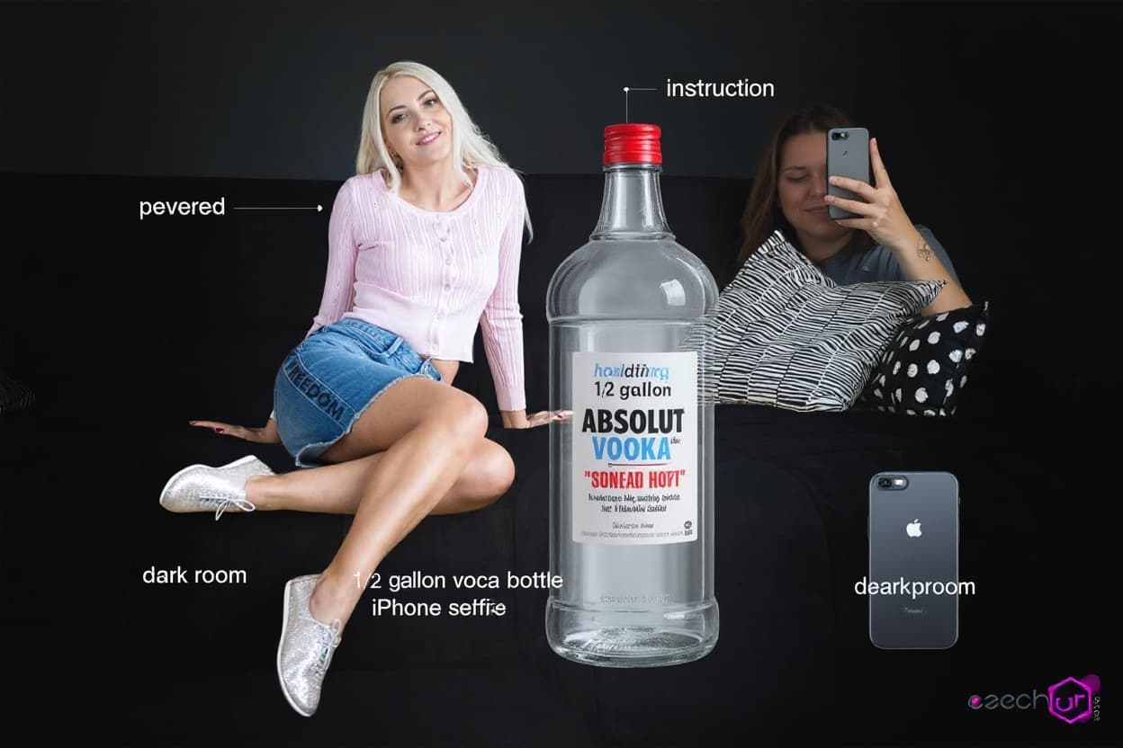 AI generated: holding a 1/2 gallon Absolut vodka bottle, iPhone selfie dark room