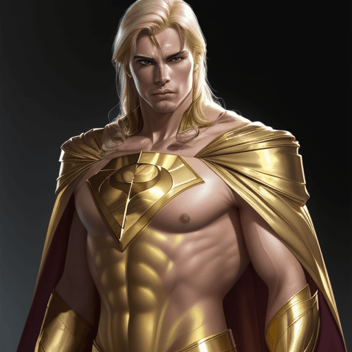 AI generated: male super hero named champion blond hair, no symbol, skin tight gold suit, gold cape, gold gloves, ...