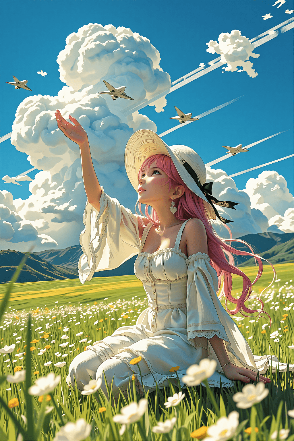 AI generated: A vertical anime masterpiece illustration of a beautiful girl with long pink hair and cat ears sitti...