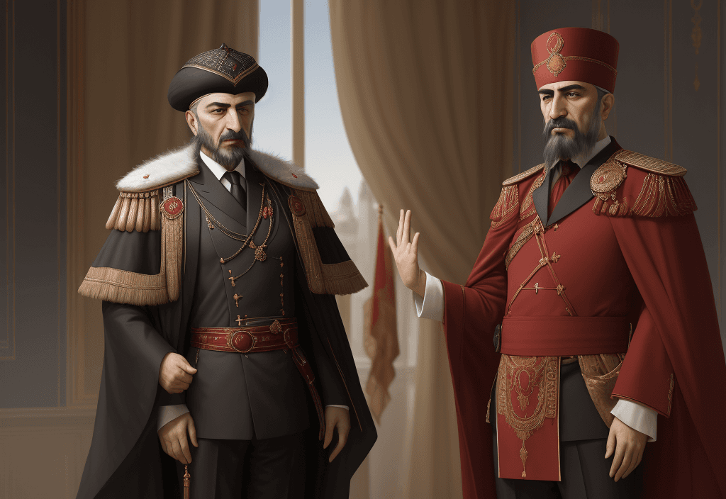 AI generated: Mehmet Bey in diplomatic negotiations, his charismatic leadership portrayed through his confident po...