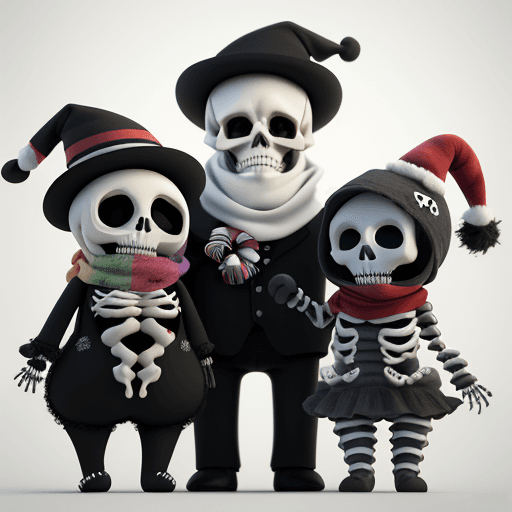 AI generated: A spooktacular 3D render of three delightful plush dolls. The first is a cute skeleton, adorned with...