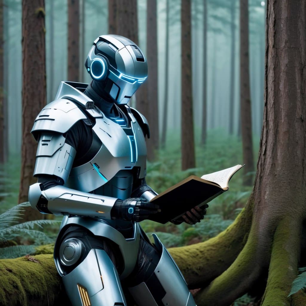 AI generated: a detailed photograph of a cyberpunk AI robot reading poetry in a forest, 8k, realistic, cinematic l...