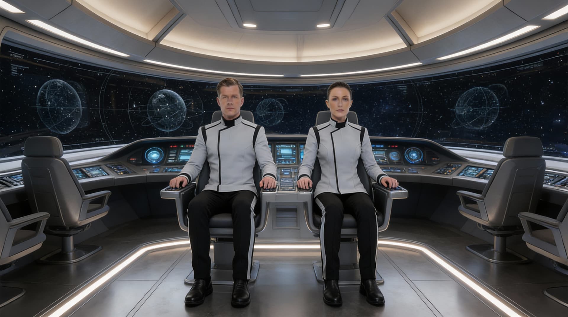 AI generated: 
Create a Sci-Fi scene. Place the two characters in Reference image 2 in the two forward chairs on t...