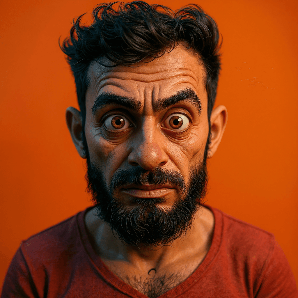 AI generated: A caricature of a man with exaggerated features is set against a vibrant orange backdrop. His skin i...