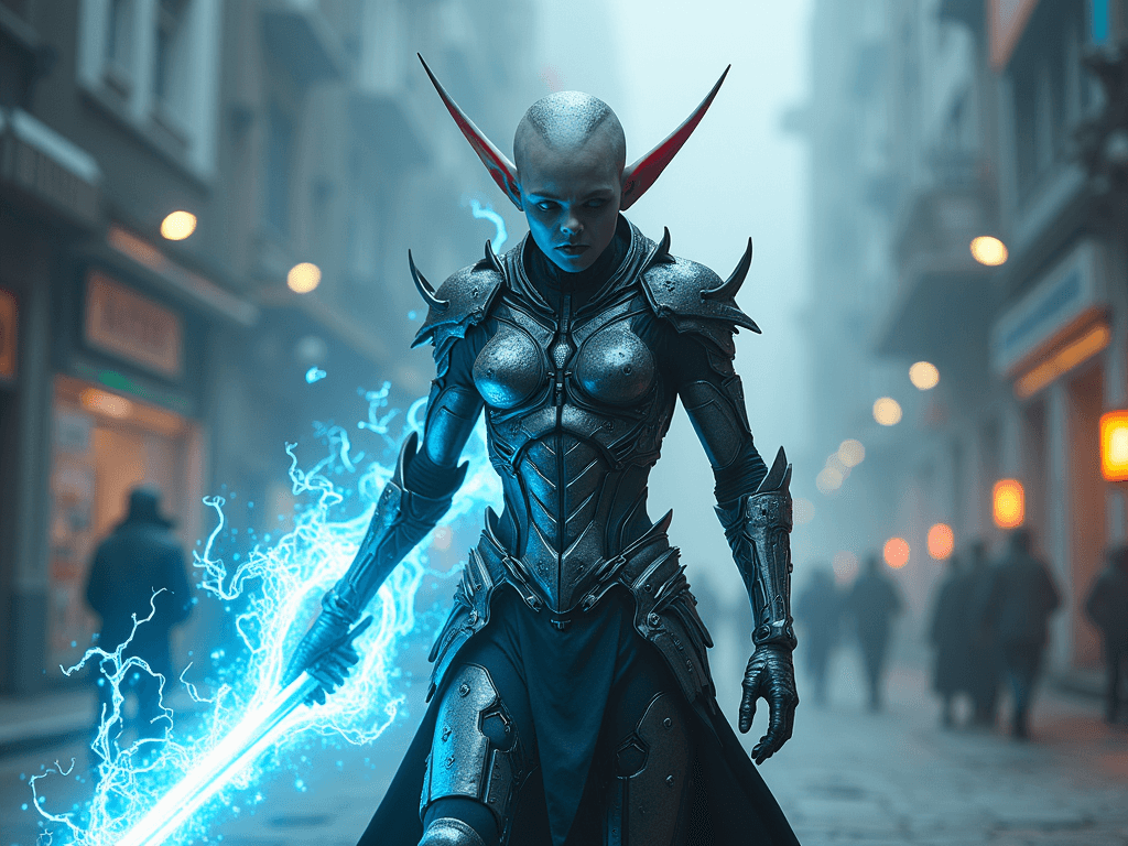 AI generated: A futuristic elf warrior wearing sleek cybernetic armor, equipped with an energy sword. They are exp...