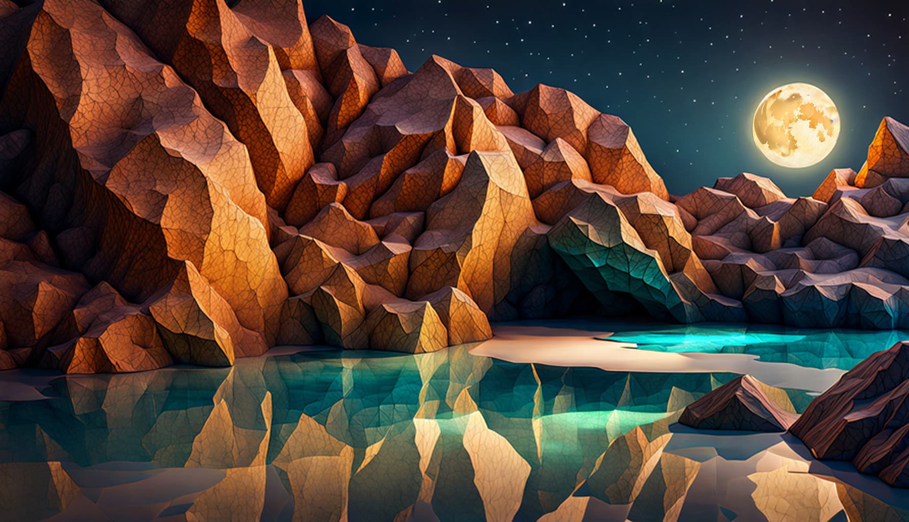 AI generated: extremely detailed CGI wallpaper, 16k, multi-textured, sea flat, mirror-like,  low poly rocks , moon...