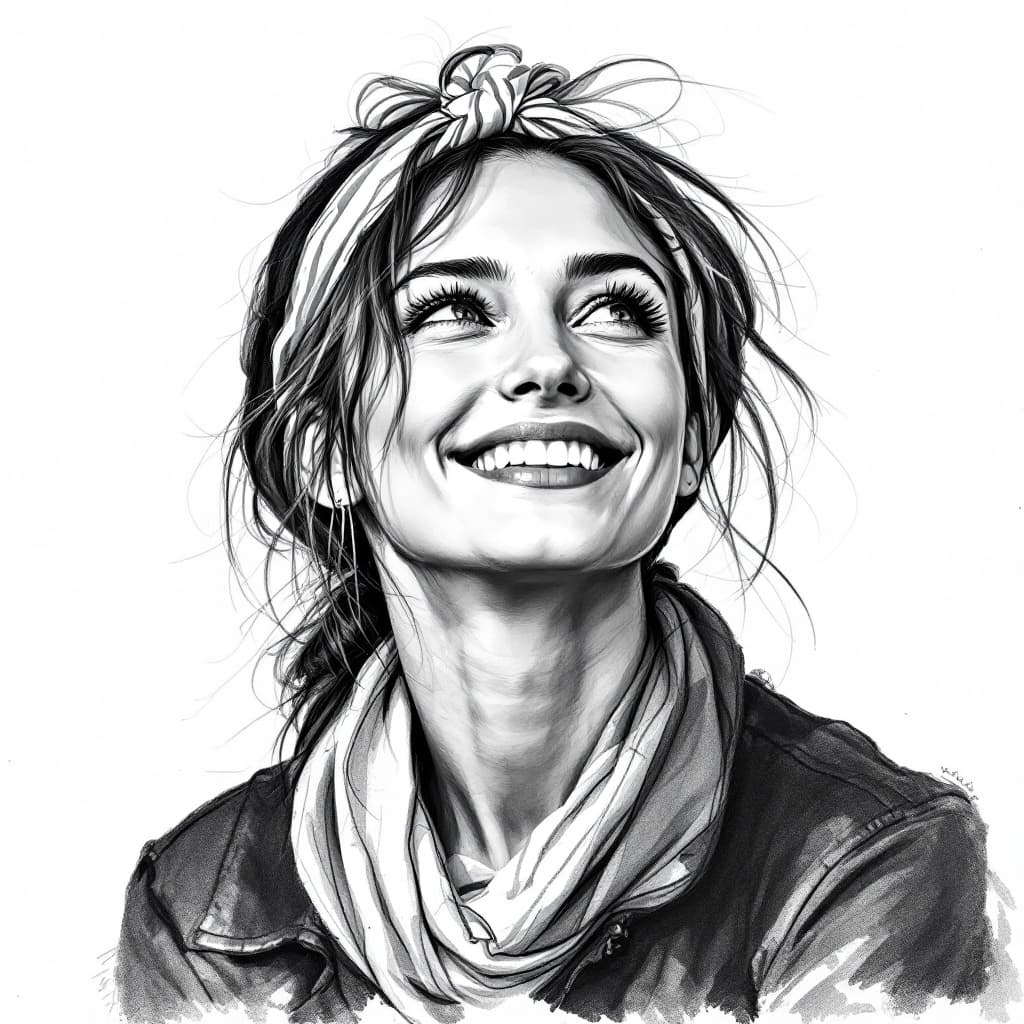 AI generated: Attractive woman, 30s, charcoal sketch, expressive, looking slightly up, wearing a little scarf on h...