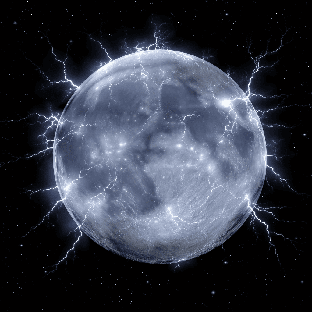 AI generated: a grey, White and black moon that has white lightning storms swirling and covering its entire surfac...