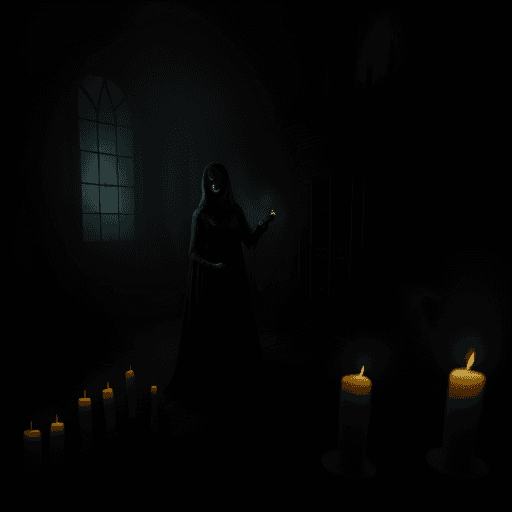 AI generated: spooky story teller in a haunted House,candles,dramatic light,,misty,night,creepy