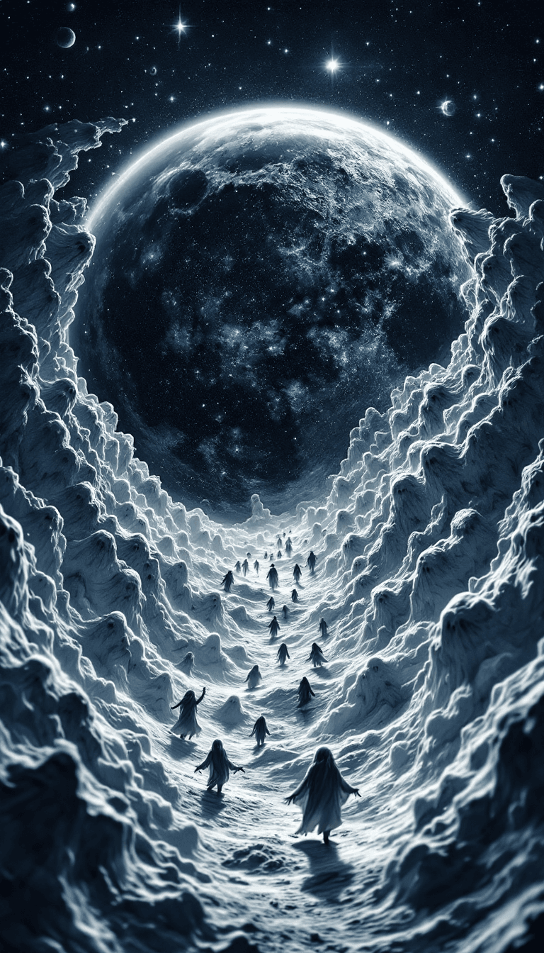 AI generated: macroview of moon surface in shape of tilling ghosts in style of   Aaron Horkey --v 6.1