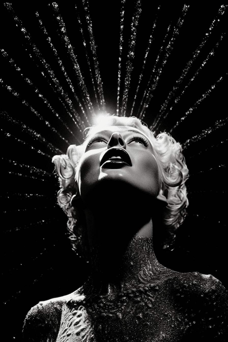 AI generated: epic angled view, view from below, short hair Marilyn Monroe as satan Queen of hells by virgil finla...